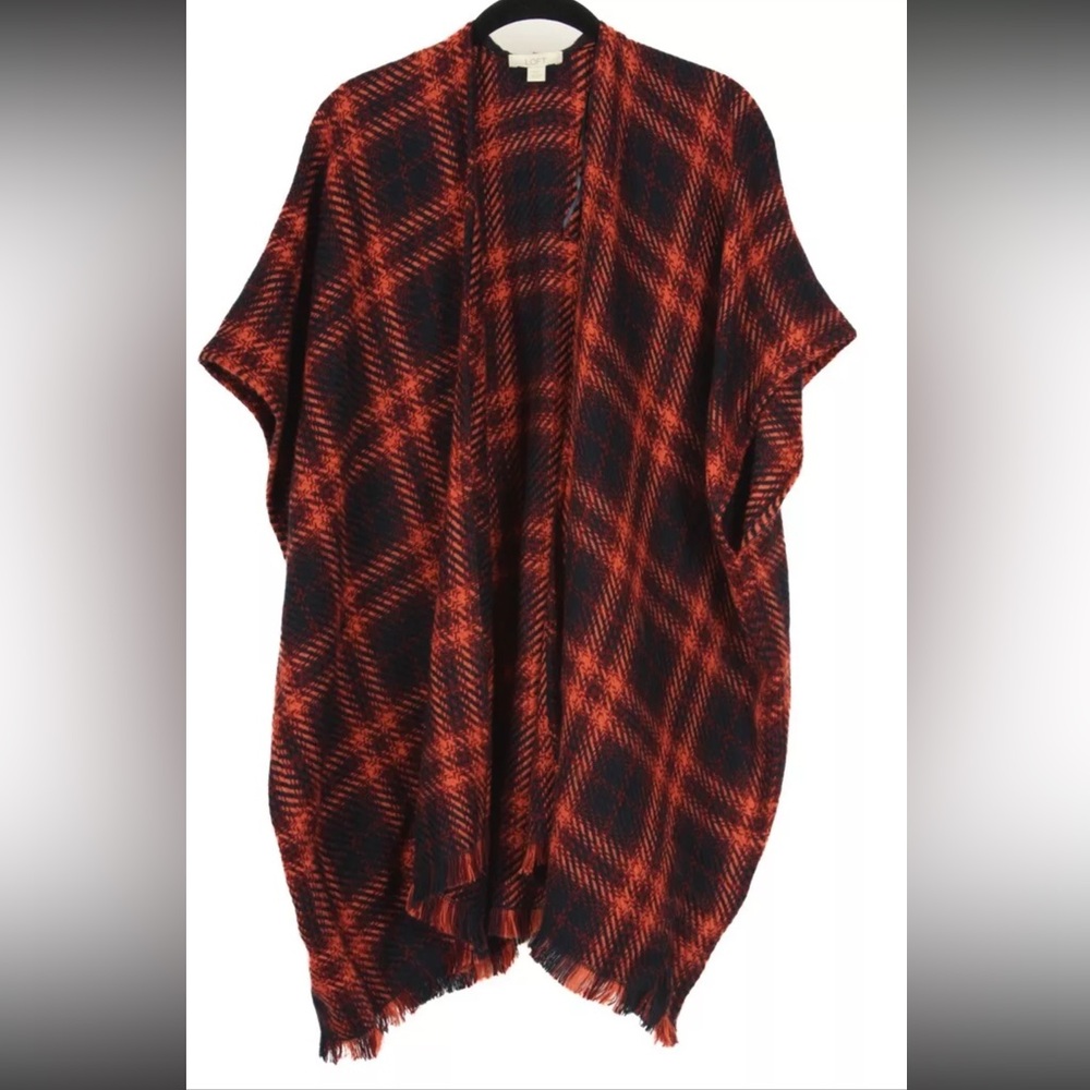 Loft Women’s Sweater Medium / Large Red Blue Orange Check Poncho